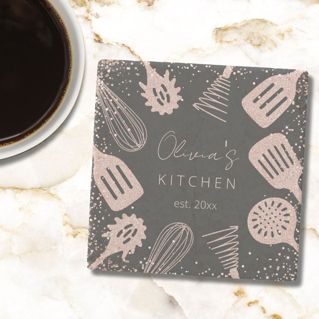 Personalisierte Rose Gold Glitzer Kochwerkzeuge Steinuntersetzer (In situ)