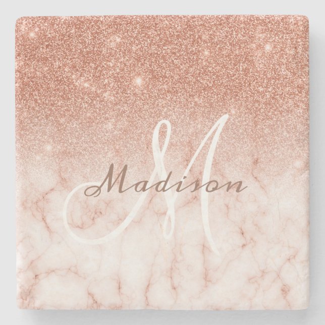Personalisierte Rose Gold Glitzer Monogramm-Marmor Steinuntersetzer (Vorderseite)