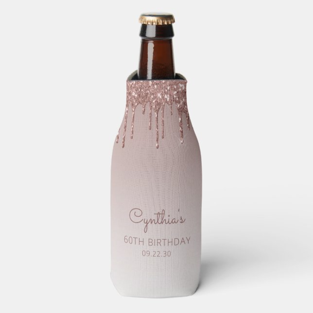 Personalisierte Rose Gold Glitzer Tropfen 60. Gebu Flaschenkühler (Flaschenvorderseite)