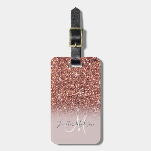 Personalisierte Rose Gold Glitzer Tropfen Girly Lu Gepäckanhänger (Vorderseite vertikal)