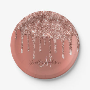 Personalisierte Rose Gold Glitzer Tropfen Girly Lu Pappteller