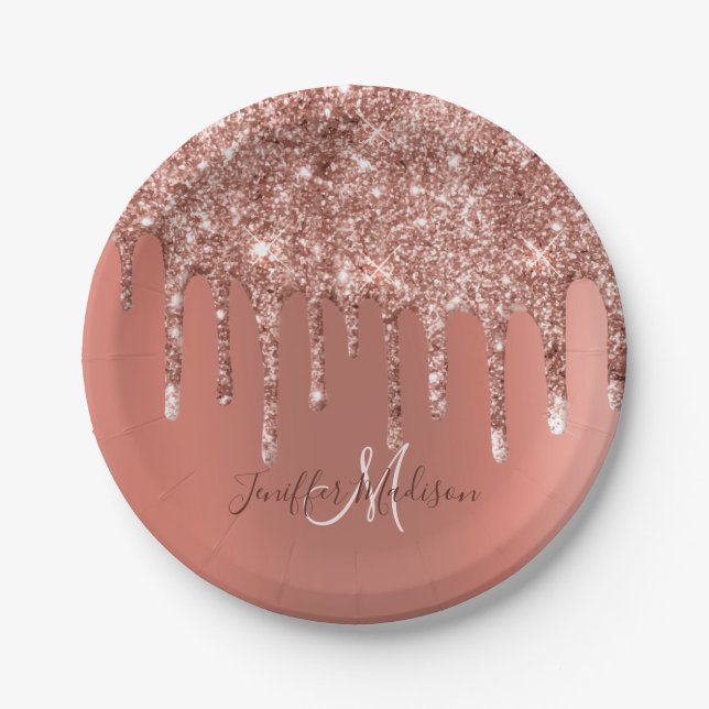 Personalisierte Rose Gold Glitzer Tropfen Girly Lu Pappteller (Vorderseite)
