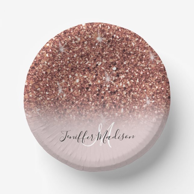 Personalisierte Rose Gold Glitzer Tropfen Girly Lu Pappteller (Vorderseite)