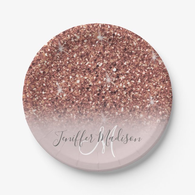 Personalisierte Rose Gold Glitzer Tropfen Girly Lu Pappteller (Vorderseite)