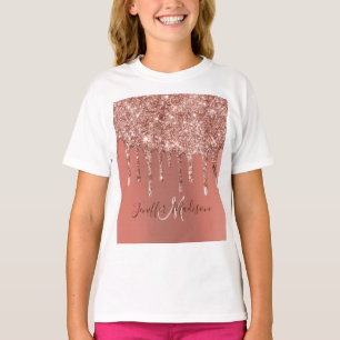 Personalisierte Rose Gold Glitzer Tropfen Girly Lu T-Shirt