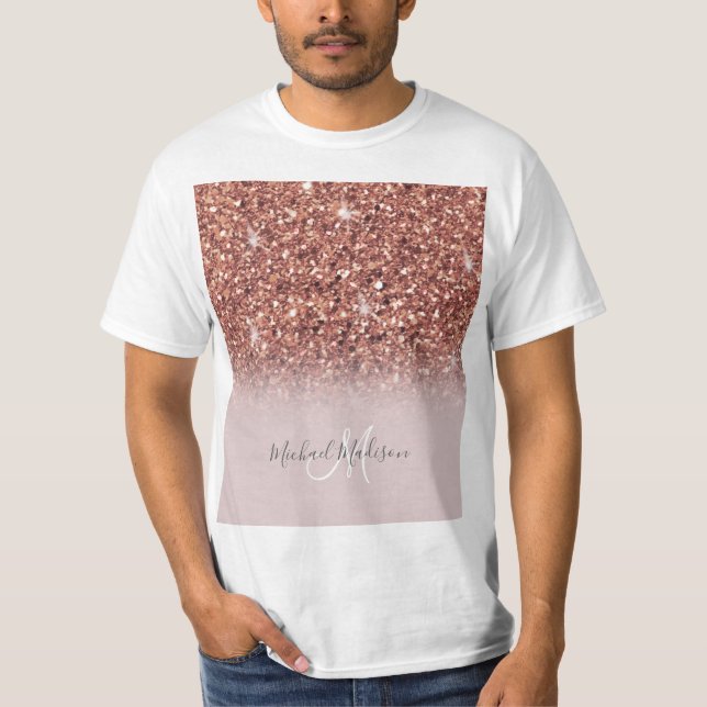 Personalisierte Rose Gold Glitzer Tropfen Girly Lu T-Shirt (Vorderseite)
