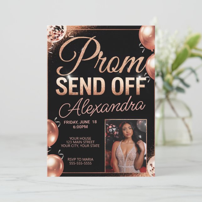 Personalisierte Rose Gold Prom Abschicken DIY-Foto Einladung (Stehend Vorderseite)