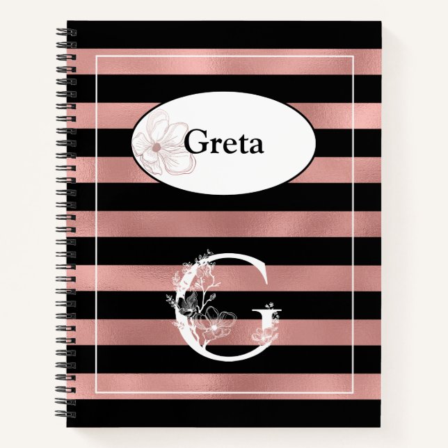 Personalisierte Rose Gold Streifen mit anfängliche Notizbuch (Vorderseite)