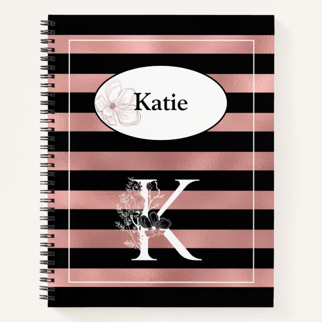 Personalisierte Rose Gold Streifen mit anfängliche Notizbuch (Vorderseite)