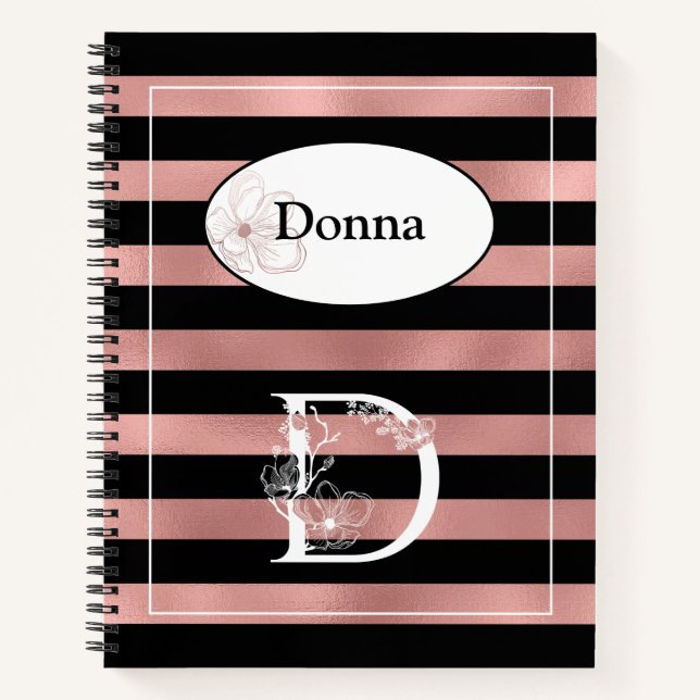 Personalisierte Rose Gold Streifen mit Initial D Notizbuch (Vorderseite)