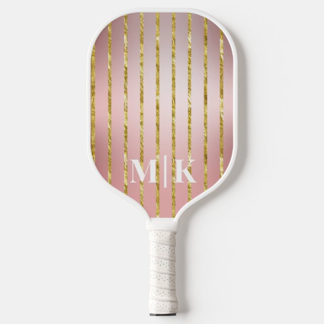 Personalisierte Rose Gold Streifen Mit Monogramm Pickleball Schläger (Vorderseite)