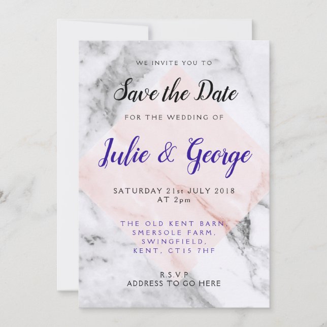Personalisierte Rose Goldmarmor Save the Date Einladung (Vorderseite)