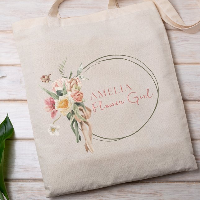 Personalisierte Rose Grün & Dusty Blumenmaus Tragetasche (Add floral elegance to your wedding with this customizable flower girl tote—sweet and stylish.)
