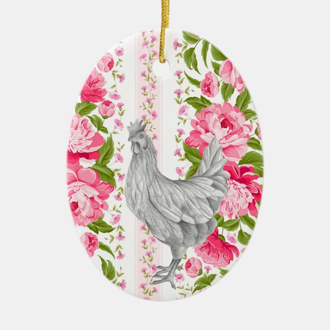 Personalisierte Roster- und rosa Blume Hühnerfarm Keramik Ornament (Vorne)