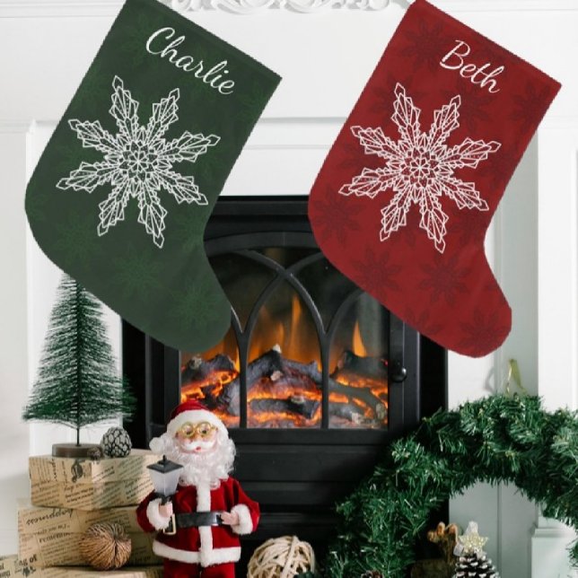 Personalisierte Rot- und Weißschneeflocke Großer Weihnachtsstrumpf (Von Creator hochgeladen)