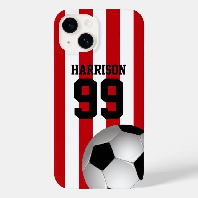 Personalisierte Rot- und Weißstreifen-Fußball Case-Mate iPhone 14 Hülle (Rückseite)