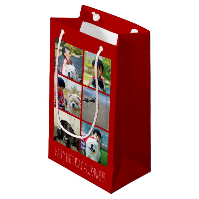 Personalisierte rote Foto-Mosaik-Bild-Collage Kleine Geschenktüte (Vorderseite Schrägansicht)