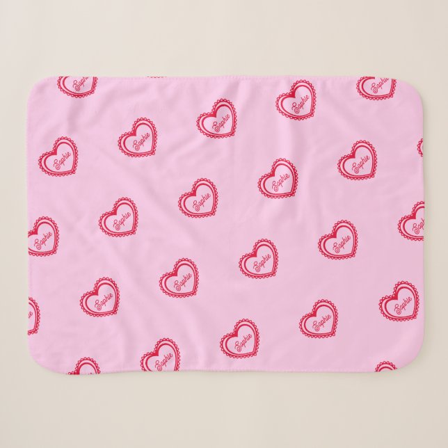 Personalisierte rote Herzen über Hübsch rosa Sherpadecke (Vorderseite (Horizontal))