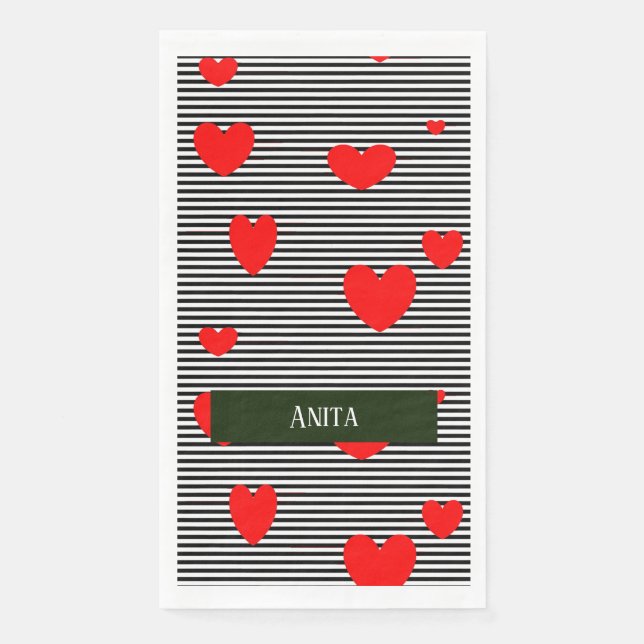 Personalisierte rote Herzen und Streifen Serviette (Vorderseite)