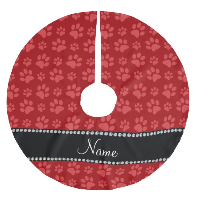 Personalisierte rote Hundetatzennamensdrucke Polyester Weihnachtsbaumdecke (Vorderseite)