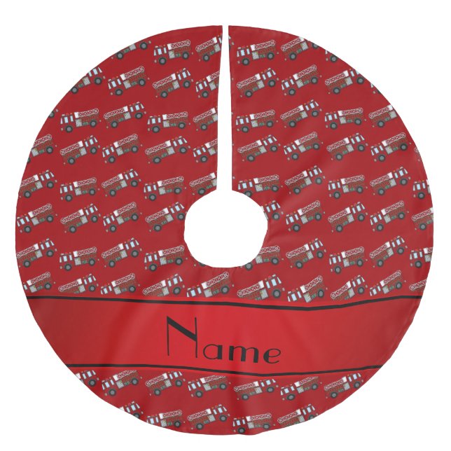 Personalisierte rote Namensfiretrucks Polyester Weihnachtsbaumdecke (Vorderseite)