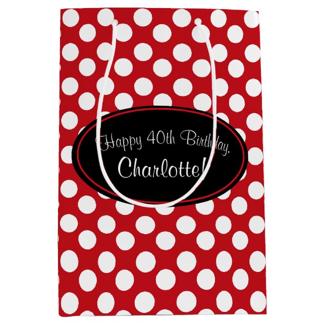 Personalisierte rote Polka-Punkt-Geschenk-Tasche Mittlere Geschenktüte (Vorderseite)