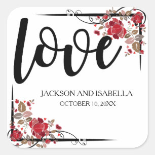 Personalisierte Rote Rosen und Liebe Hochzeitstick Quadratischer Aufkleber