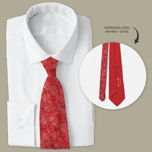 Personalisierte Rote Rosen Wedding Neck Tie Krawatte (Personalized wedding neckties for groomsmen's gifts. Red tie with white rose outlines.)