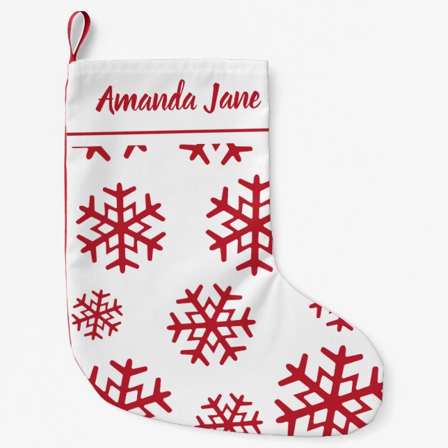Personalisierte Rote Schneeflocken Kleiner Weihnachtsstrumpf (Vorderseite)