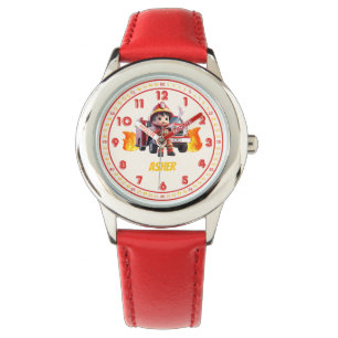 Personalisierte rote süße Jungen-Feuerwehr-Kinder Armbanduhr