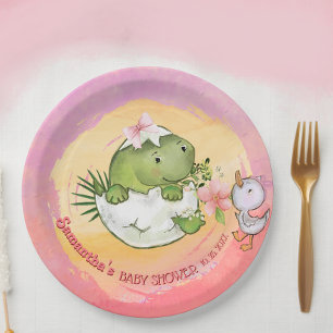 Personalisierte runde Dino- und Entlein-Baby-Party Pappteller
