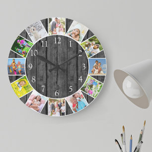 Personalisierte runde Holzcollage mit 12 Fotos in Große Wanduhr
