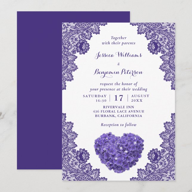 Personalisierte Rustikale Lila Hochzeit von Lace H Einladung (Vorne/Hinten)