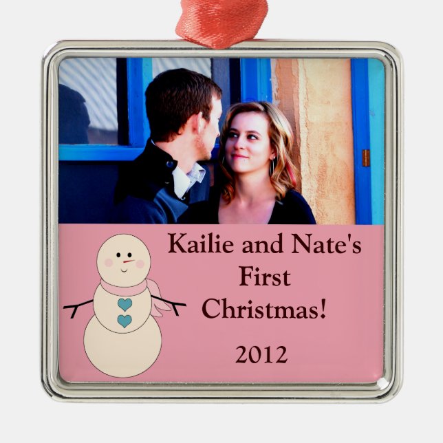 Personalisierte Rustikale Schneemann-Ornamente Silbernes Ornament (Vorne)