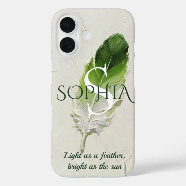 Personalisierte Salbeigrüne Federinitiale iPhone 16 Hülle (Rückseite)