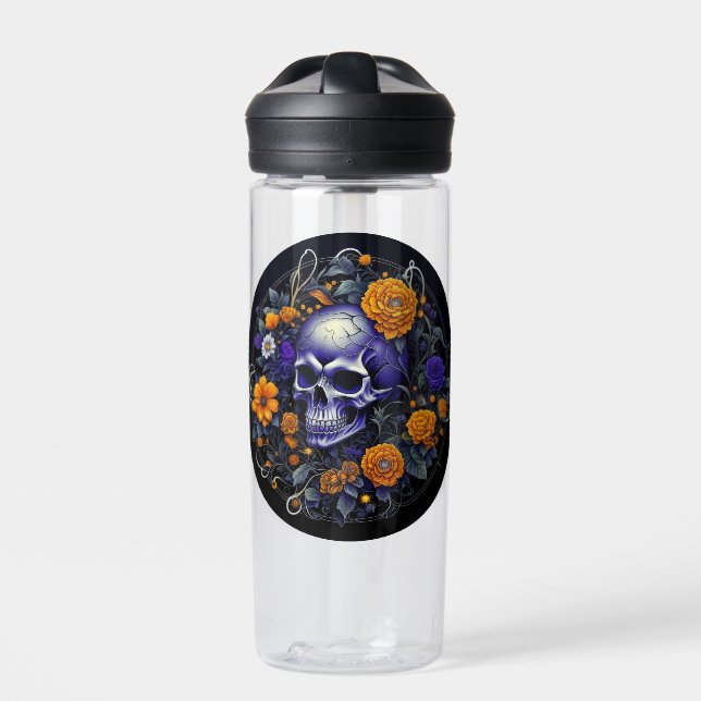 Personalisierte Schädel- und Orangefarbene Blume K Trinkflasche (Vorderseite)