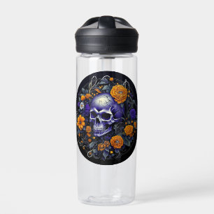 Personalisierte Schädel- und orangefarbene Blumen- Trinkflasche