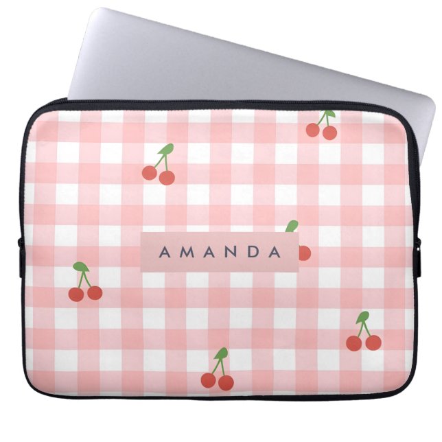Personalisierte Schicke Kirsch-Gingham-Accessoires Laptopschutzhülle (Vorderseite)
