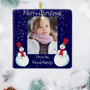 Personalisierte Schneemann-Foto-Weihnachtskarte Keramikornament