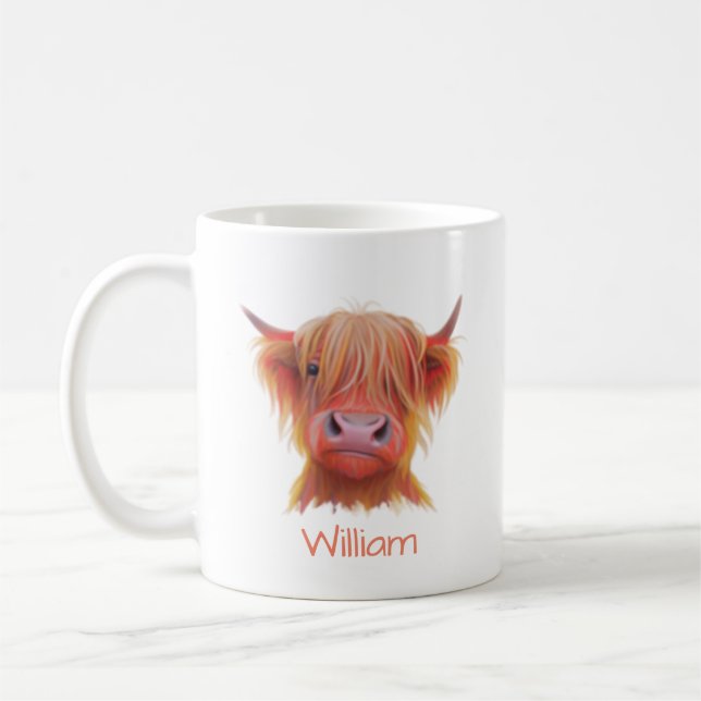 personalisierte schottische Highland Hairy Cow Kaffeetasse (Links)