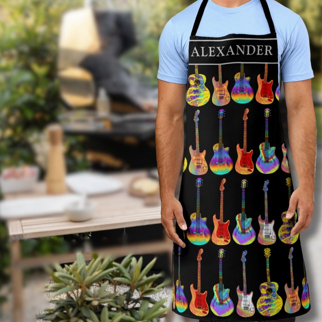 personalisierte Schürze (Personalized vibrant colorful guitar pattern monogram name apron personalized for him Guitar player)