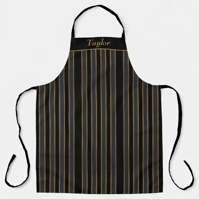 Personalisierte Schürze aus Schwarz und Goldstreif (Vorderseite)