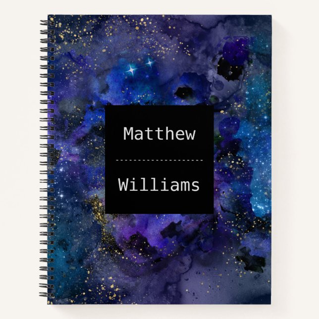 Personalisierte Schwarz-Blau-Galaxie-Spiralgrafie Notizbuch (Vorderseite)