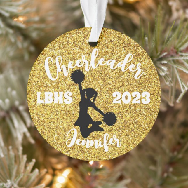 Personalisierte Schwarz & Gold-Cheerleader-Ornamen Ornament (Baum)