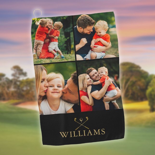 Personalisierte Schwarz-Gold-FotoCollage Golfhandtuch (Personalized Black And Gold Photo Collage Golf Towe)