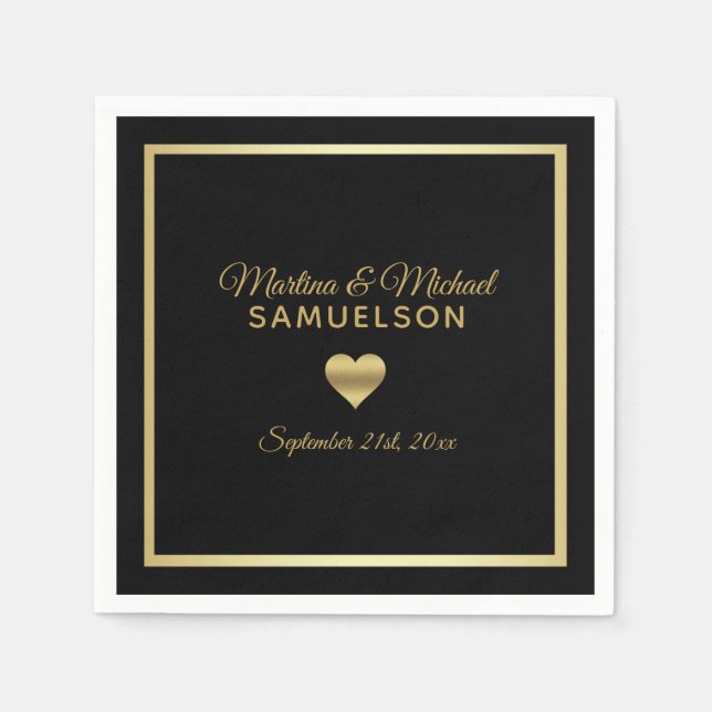 Personalisierte Schwarz-Gold-Herz-Rahmen-Hochzeit Serviette (Vorderseite)