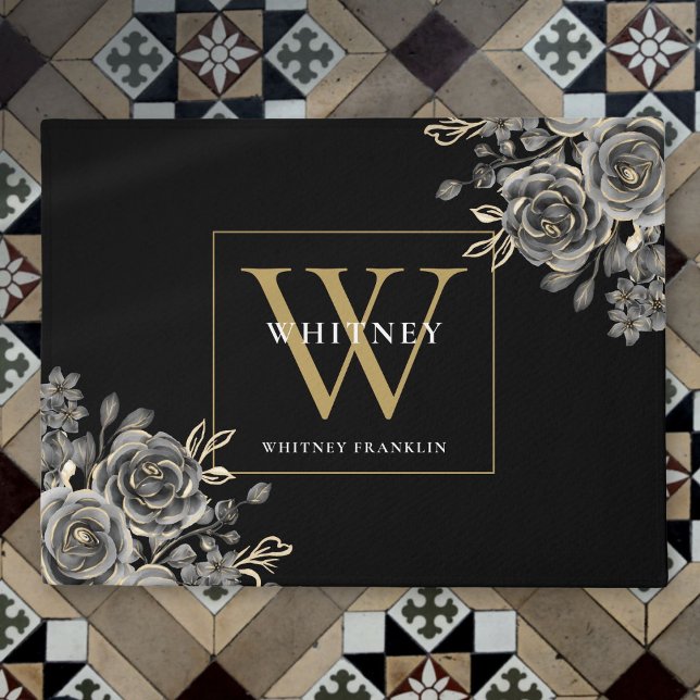 Personalisierte Schwarz-Gold-Monogramm-Rose Fußmatte (Personalized Black Gold Monogram Floral Roses Doormat)