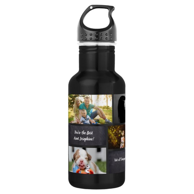 Personalisierte Schwarz-Modern-FotoCollage kundens Edelstahlflasche (Vorderseite)