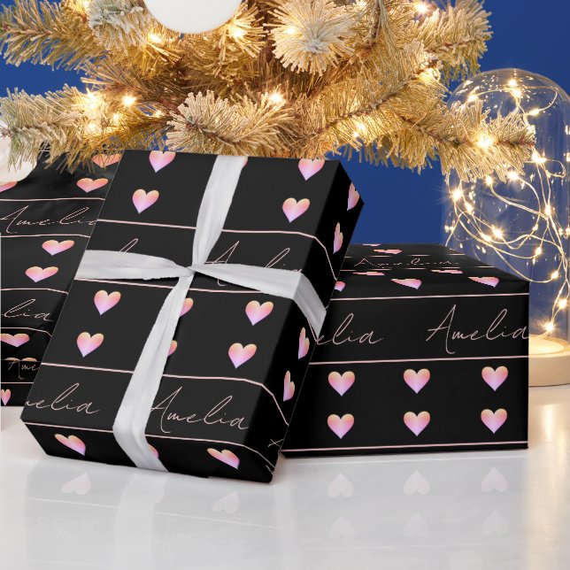 Personalisierte Schwarz-Rosa-Herzen Geschenkpapier (Feiertage)