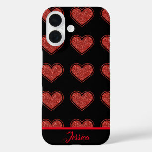 Personalisierte Schwarz-Rot-Glitzer-Herzen iPhone 16 Hülle